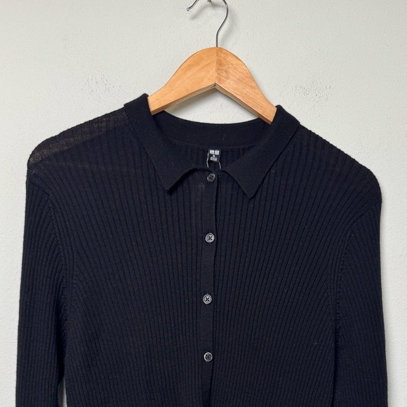NWT 100% Extra Fine Merino Wool Ribbed Long Sleeve Polo Cardigan Black XL - Picture 6 of 15